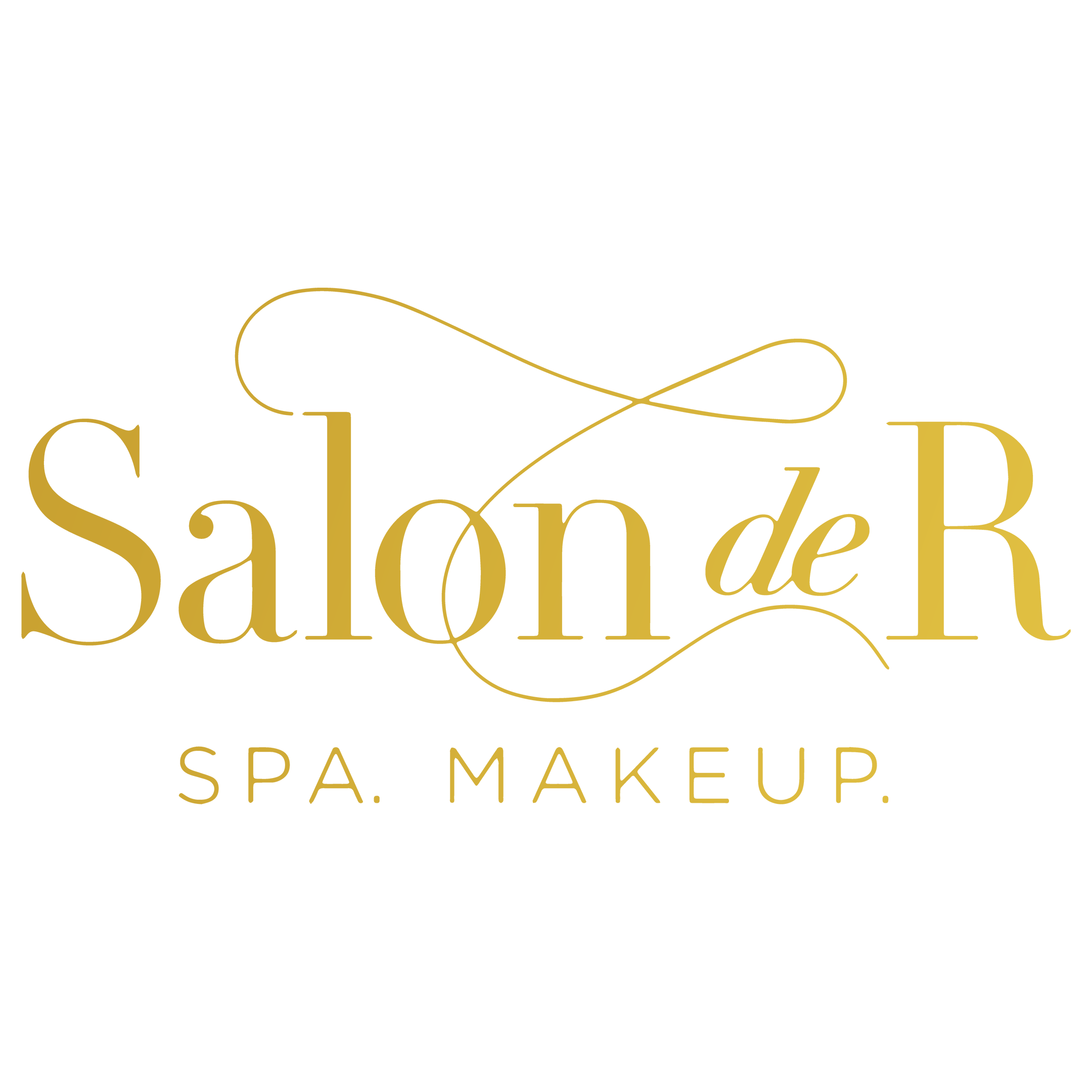 Gold “Salon de R” logo with elegant script typography and “SPA. MAKEUP.” text below on a transparent background.