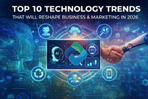 Trilionix digital marketing and IT services company banner showcasing the top 10 technology trends in 2026 with AI icons, cloud computing, analytics dashboard, and a human-robot handshake on a futuristic blue background.