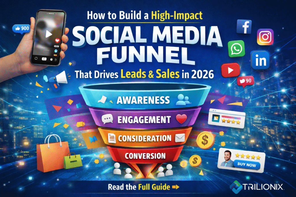 Trilionix digital marketing and IT services company banner showing a high-impact social media funnel in 2026 with awareness, engagement, consideration, and conversion stages, along with social media icons and shopping elements.