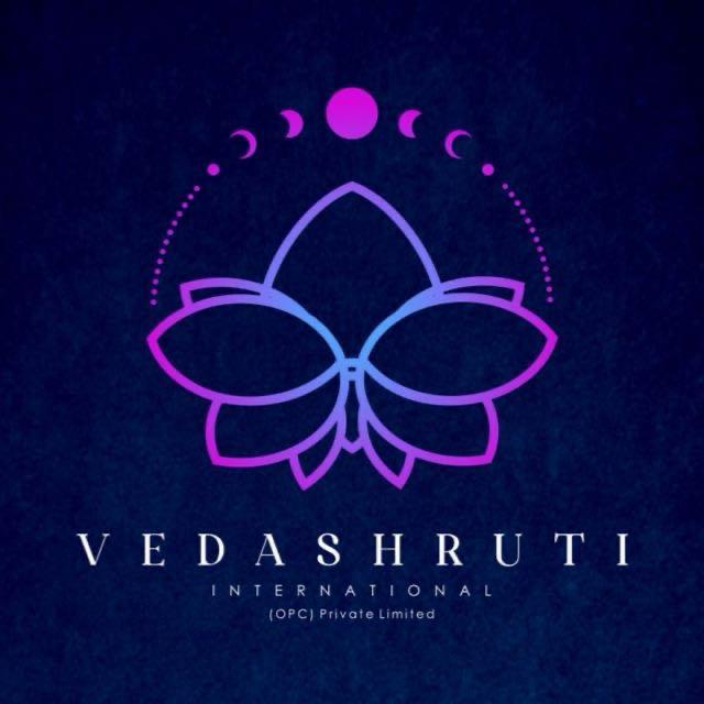 Vedashruti International logo featuring a purple and blue gradient lotus symbol with moon phases above on a dark blue background.