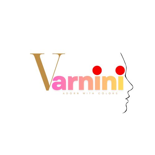 Varnini logo featuring gold and pink gradient text with two red dots and a minimalist female face outline on a light background.