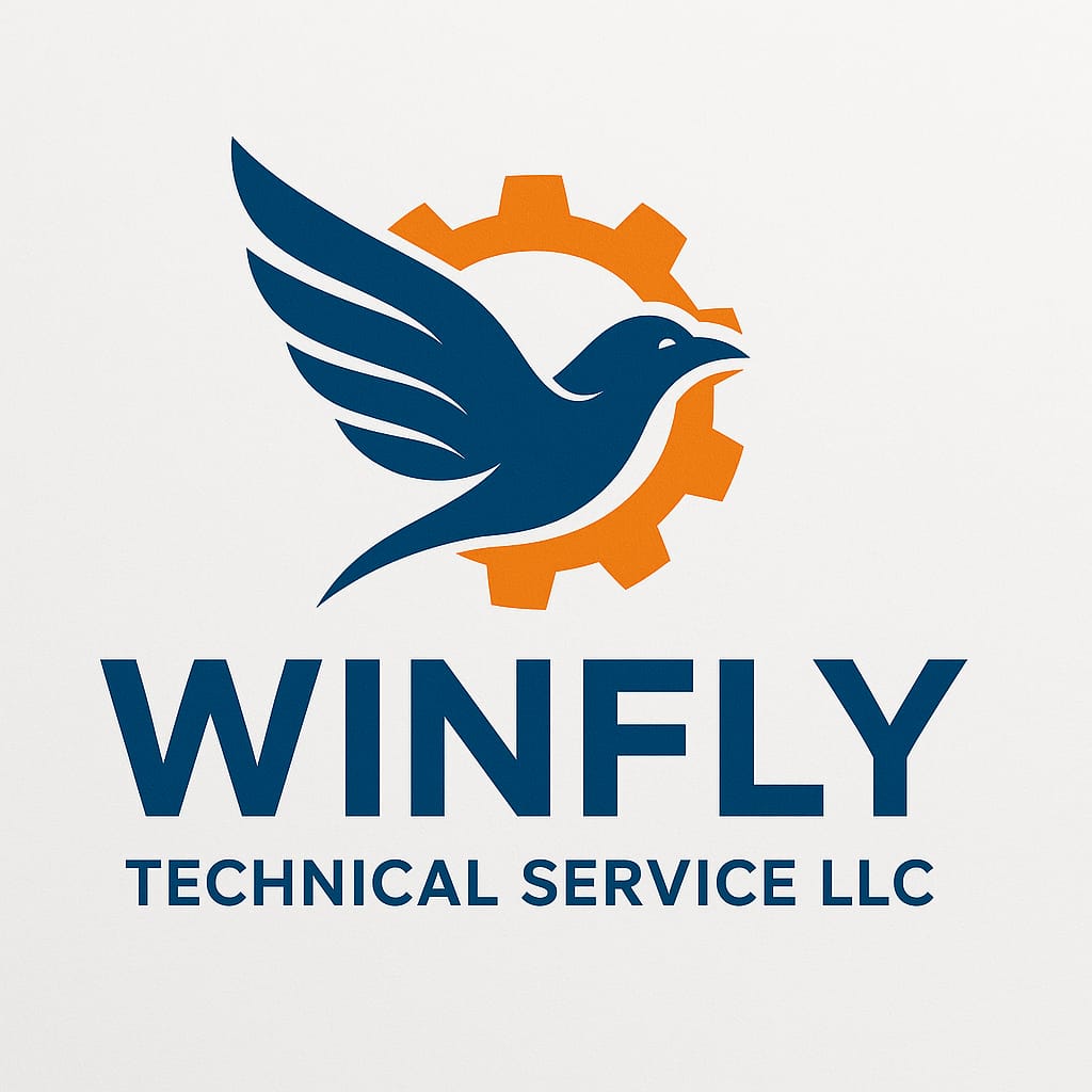 Winfly Technical Service LLC logo with a blue bird and orange gear symbol on white background