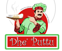 Dhe Puttu restaurant logo with a chef holding dosa in red and green design